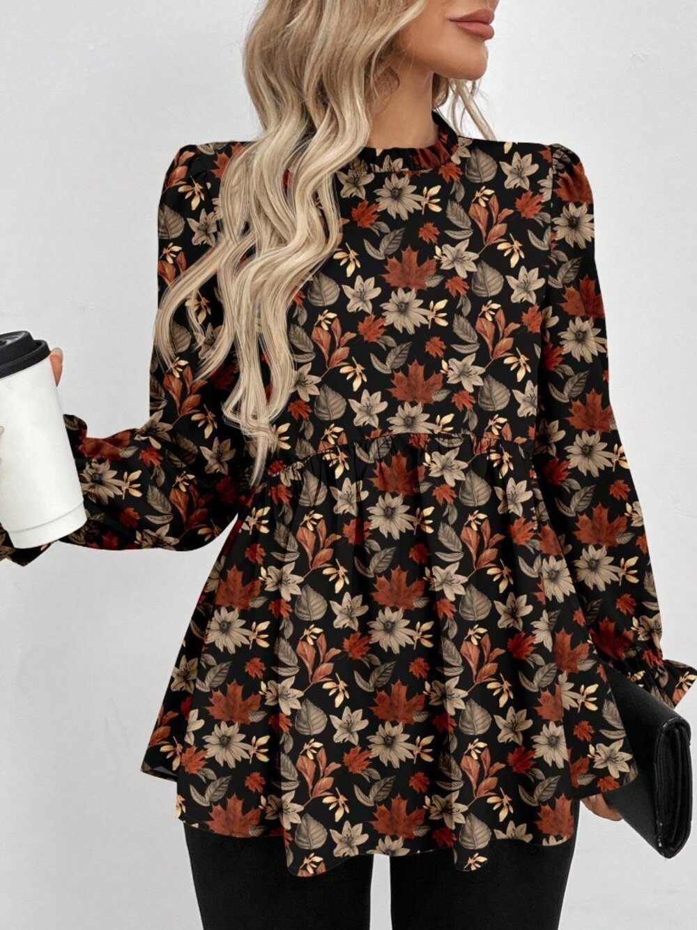 Multicolor Boho Women's Stand Collar Ruffled Cuffs A-Line Long-Sleeved Top